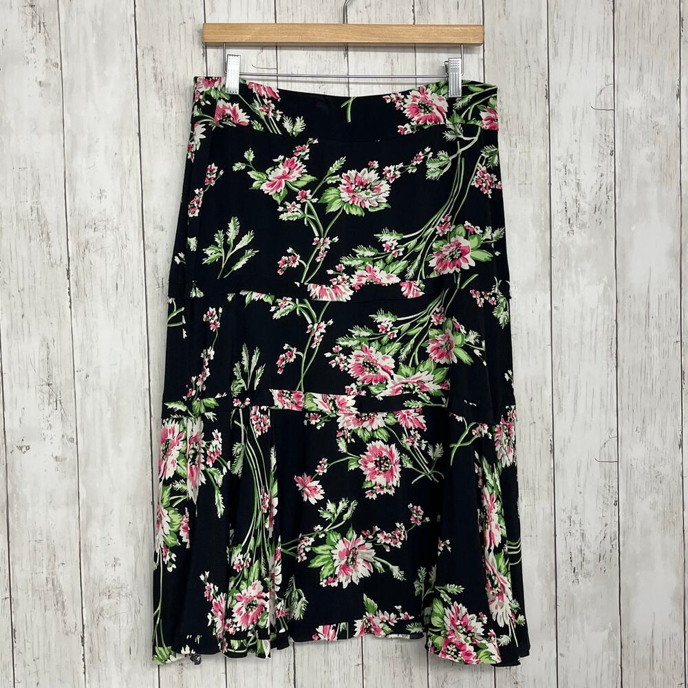 CAbi Black Pink Green Floral Tiered Flowy Lightweight Spring Garden Midi Skirt 8